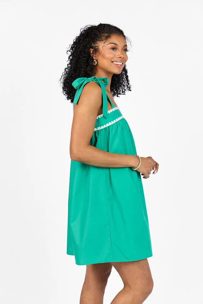 Better This Way Green Tie Shoulder Stitched Trim Mini Dress FINAL SALE sold by Pink Lily product image thumbnail 4