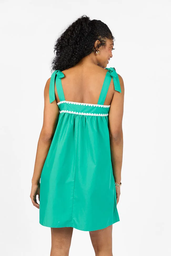 Better This Way Green Tie Shoulder Stitched Trim Mini Dress FINAL SALE sold by Pink Lily product image thumbnail 5