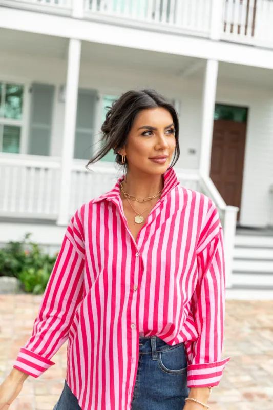 Making It Pink Multi Striped Button Down Top sold by Pink Lily