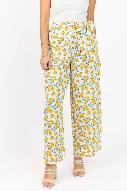 Main Squeeze Ivory Lemon Print Belted Wide Leg Pants FINAL SALE sold by Pink Lily
