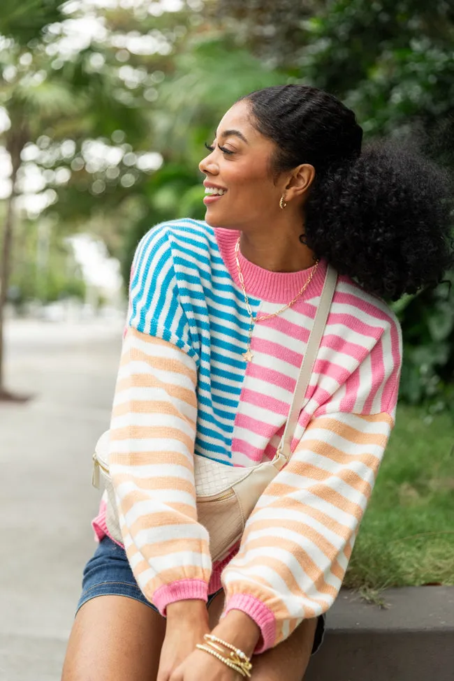 Delightful Days Blue, Pink, and Orange Multi Color Block Striped Sweater FINAL SALE sold by Pink Lily