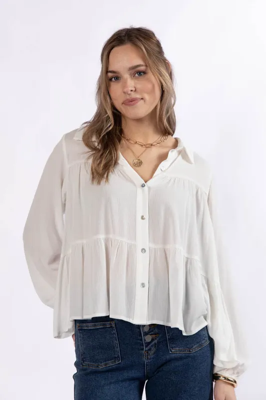 Something Good Ivory Tiered Relaxed Button Down Blouse FINAL SALE sold by Pink Lily