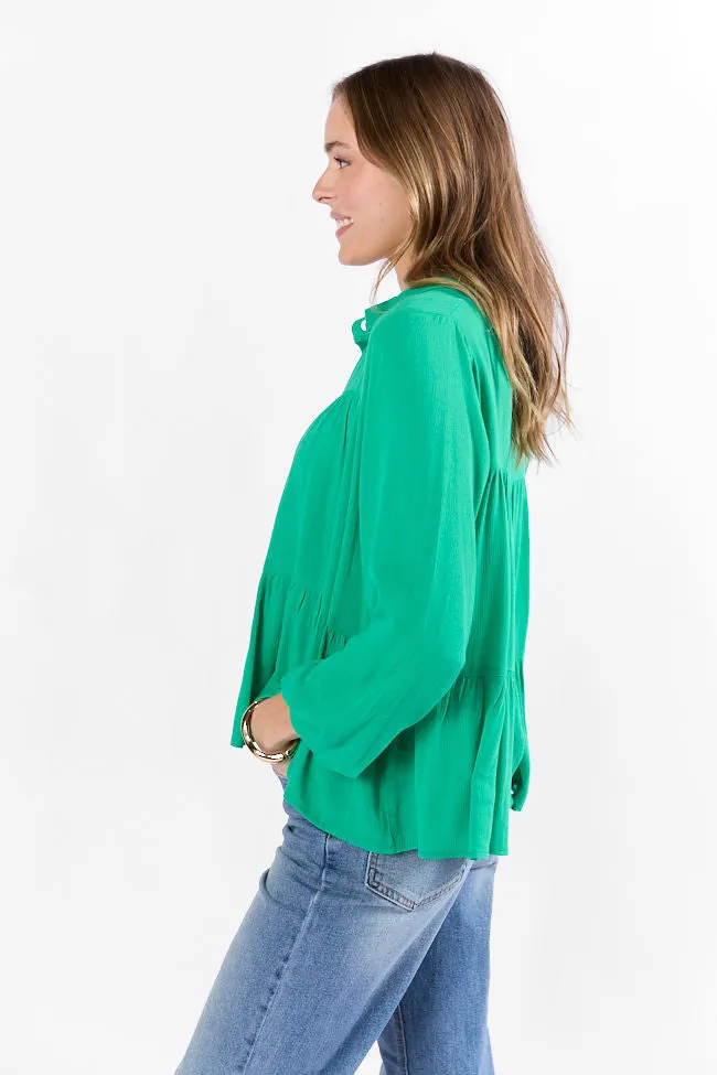 Something Good Green Tiered Relaxed Button Down Blouse SALE sold by Pink Lily product image thumbnail 4