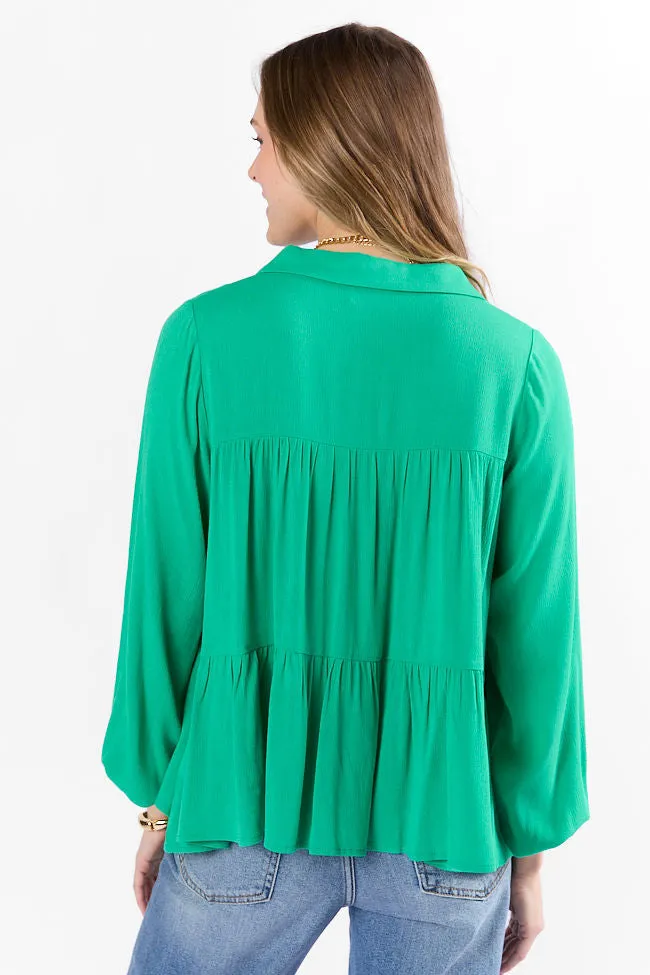 Something Good Green Tiered Relaxed Button Down Blouse SALE sold by Pink Lily product image thumbnail 5