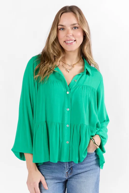 Something Good Green Tiered Relaxed Button Down Blouse SALE made by Pink Lily