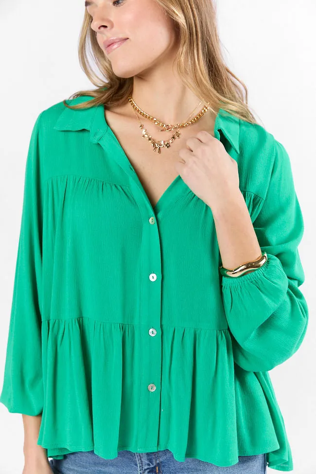 Something Good Green Tiered Relaxed Button Down Blouse SALE sold by Pink Lily product image thumbnail 3