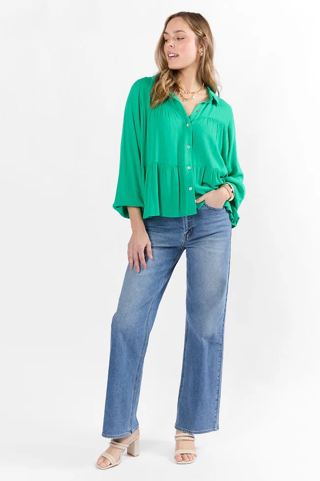 Something Good Green Tiered Relaxed Button Down Blouse SALE sold by Pink Lily product image thumbnail 2