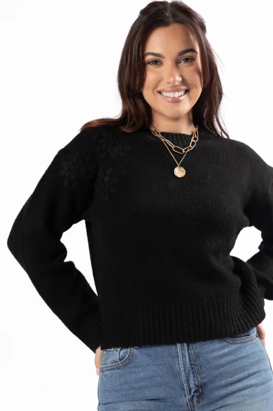Days Of Dreaming Black Floral Embroidered Crew Neck Sweater FINAL SALE sold by Pink Lily