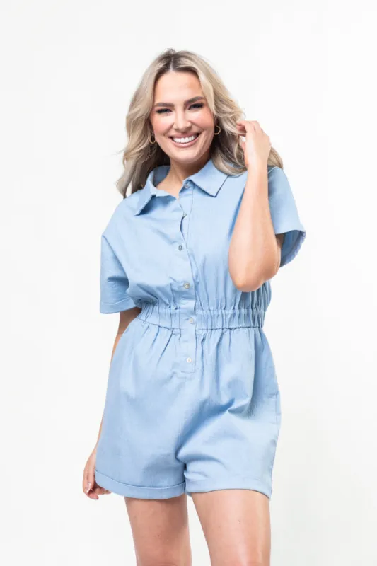 Walk With Me Blue Solid Chambray Romper FINAL SALE sold by Pink Lily