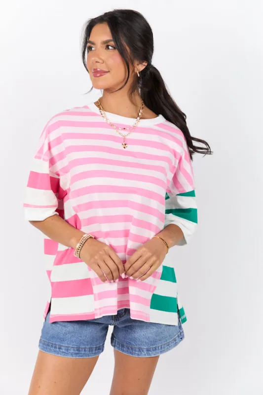 Destined For More Pink and Green Multi Color Block Striped Knit Tee sold by Pink Lily