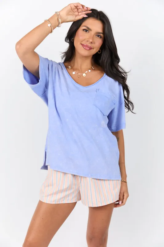 When We Meet Sky Blue Oversized Acid Wash V-Neck Tee FINAL SALE sold by Pink Lily