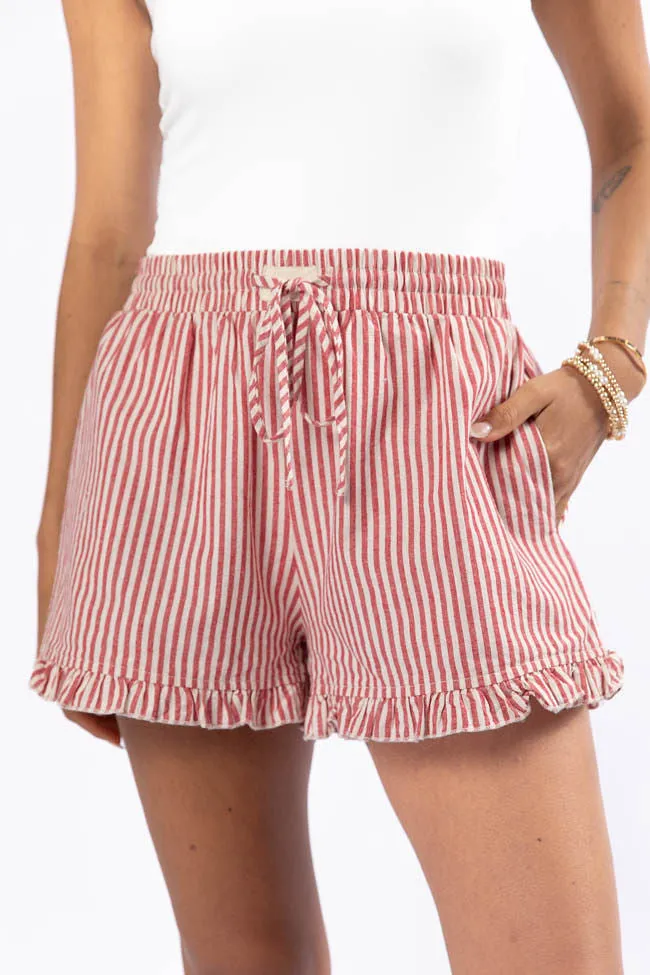 In No Rush Red Stripe Ruffle Hem Boxer Shorts sold by Pink Lily