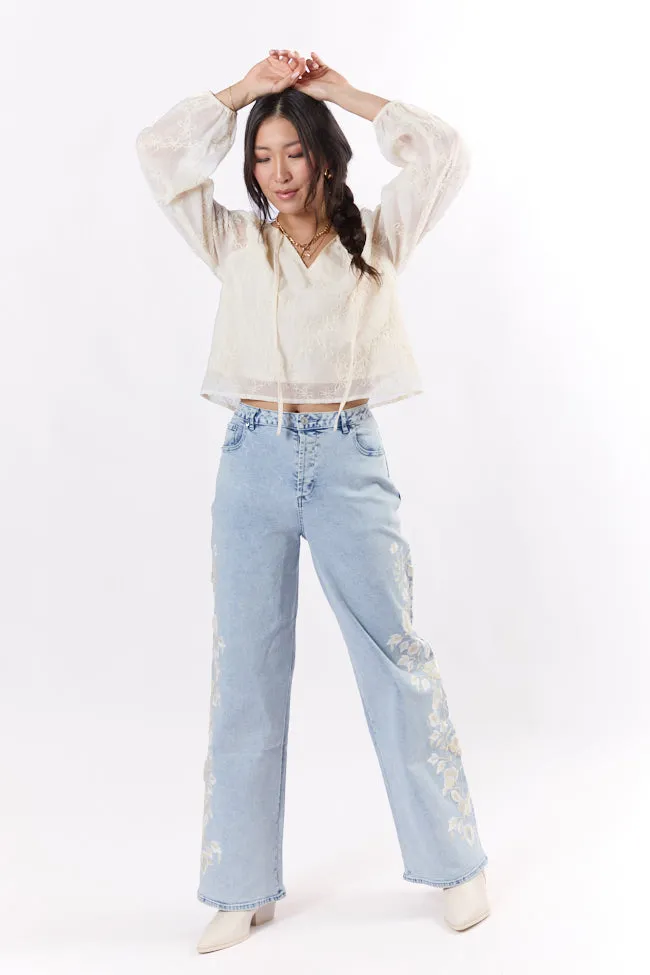 Daisy Light Wash Floral Embroidered Wide Leg Jeans FINAL SALE sold by Pink Lily product image thumbnail 2
