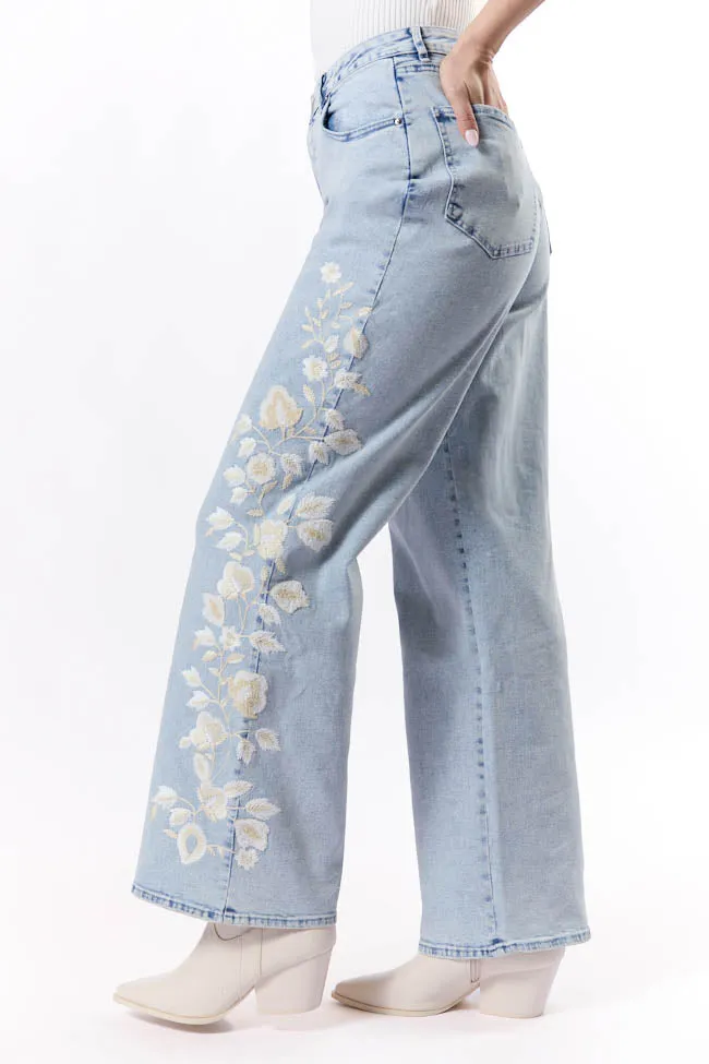 Daisy Light Wash Floral Embroidered Wide Leg Jeans FINAL SALE sold by Pink Lily product image thumbnail 5