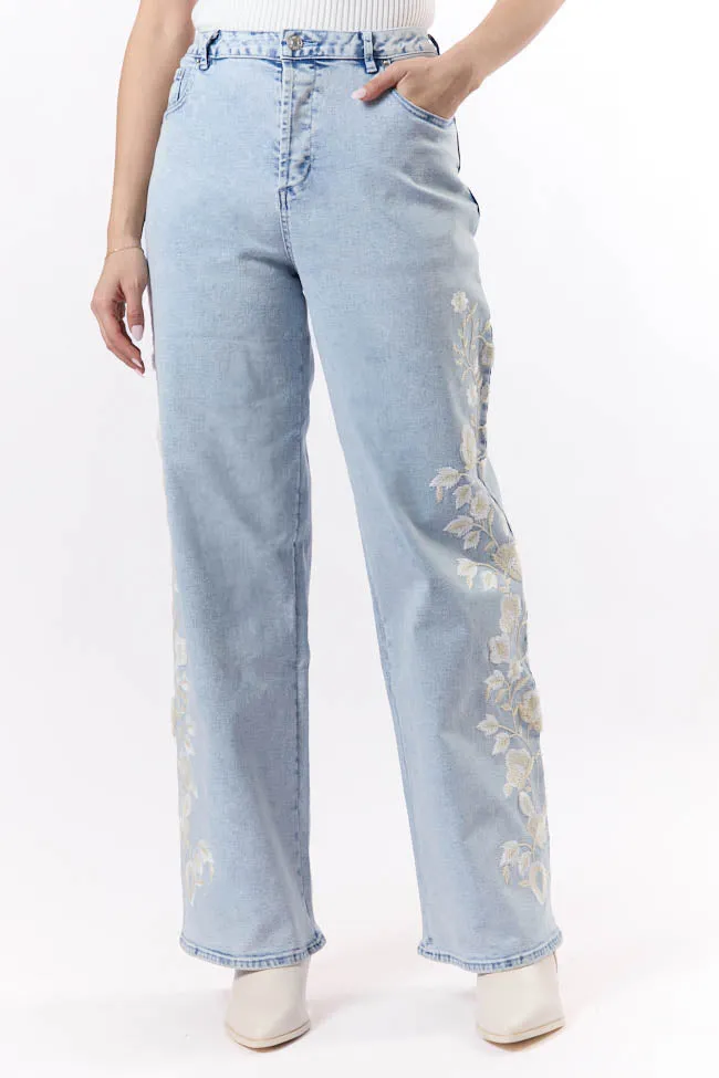 Daisy Light Wash Floral Embroidered Wide Leg Jeans FINAL SALE sold by Pink Lily product image thumbnail 4