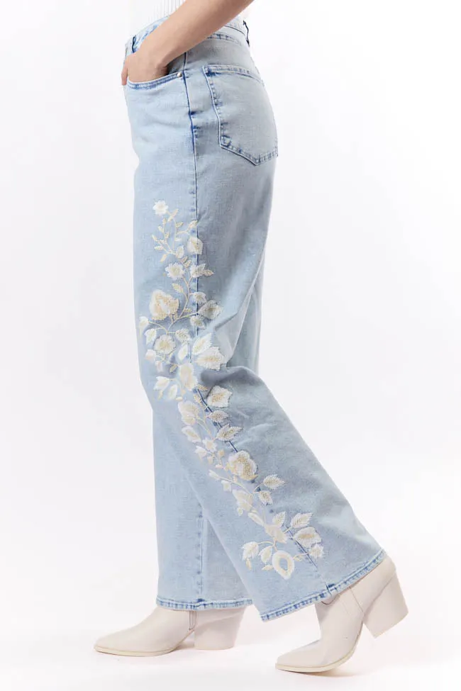Daisy Light Wash Floral Embroidered Wide Leg Jeans FINAL SALE sold by Pink Lily