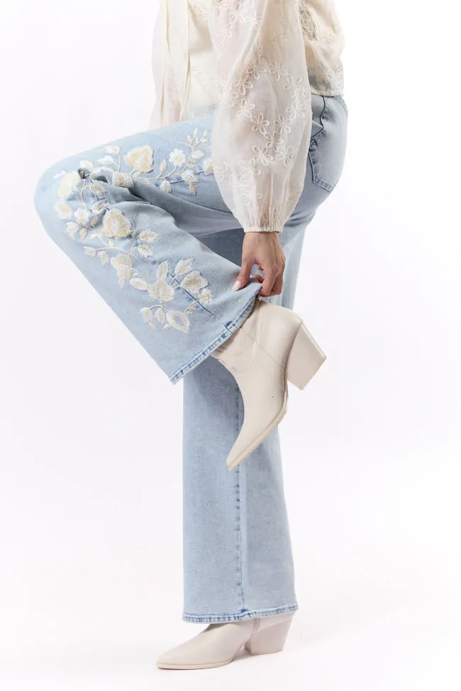 Daisy Light Wash Floral Embroidered Wide Leg Jeans FINAL SALE sold by Pink Lily product image thumbnail 3