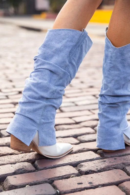 Loretta Denim Knee High Boot sold by Pink Lily