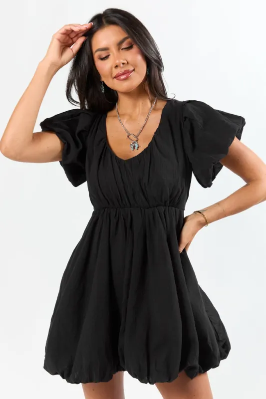 Almost Daylight Black Elastic Waist Mini Dress sold by Pink Lily