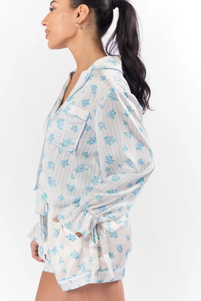Sleep On My Side Blue Floral Satin Long Sleeve Pajama Top FINAL SALE sold by Pink Lily product image thumbnail 5