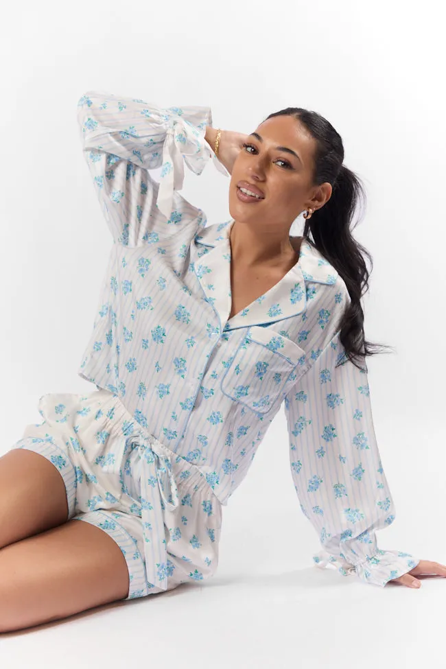 Sleep On My Side Blue Floral Satin Long Sleeve Pajama Top FINAL SALE sold by Pink Lily