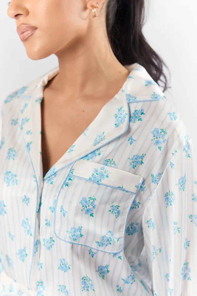 Sleep On My Side Blue Floral Satin Long Sleeve Pajama Top FINAL SALE sold by Pink Lily product image thumbnail 4