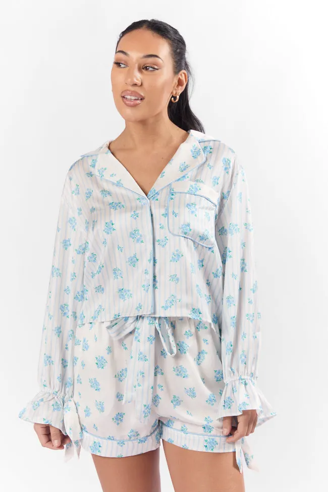 Sleep On My Side Blue Floral Satin Long Sleeve Pajama Top FINAL SALE sold by Pink Lily product image thumbnail 3