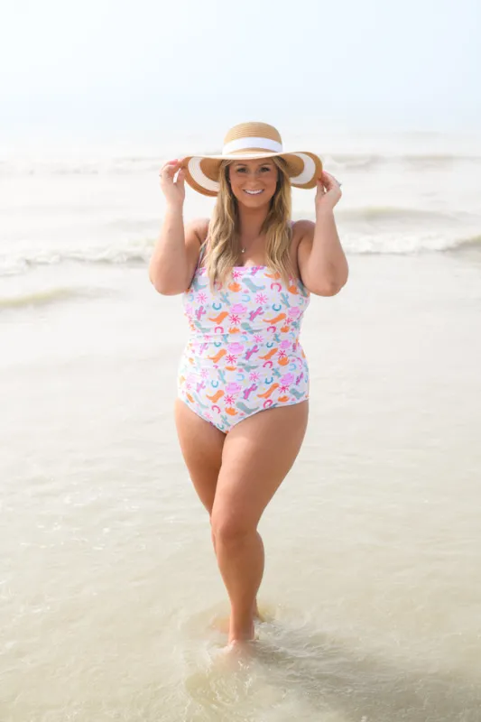 Chasing Waves Rouched One Piece Western Print Swimsuit sold by Pink Lily