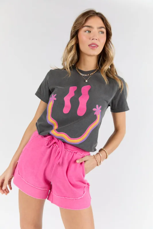 Retro Smiley Dark Grey Graphic Tee sold by Pink Lily