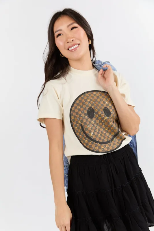 Neutral Checkered Smiley Ivory Graphic Tee sold by Pink Lily