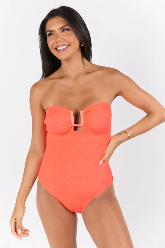 By The Beach Neon Coral Square Notch One Piece Swimsuit FINAL SALE sold by Pink Lily