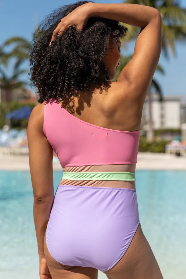 Chasing Sunsets One Shoulder Mesh Colorblock Swimsuit FINAL SALE sold by Pink Lily product image thumbnail 4