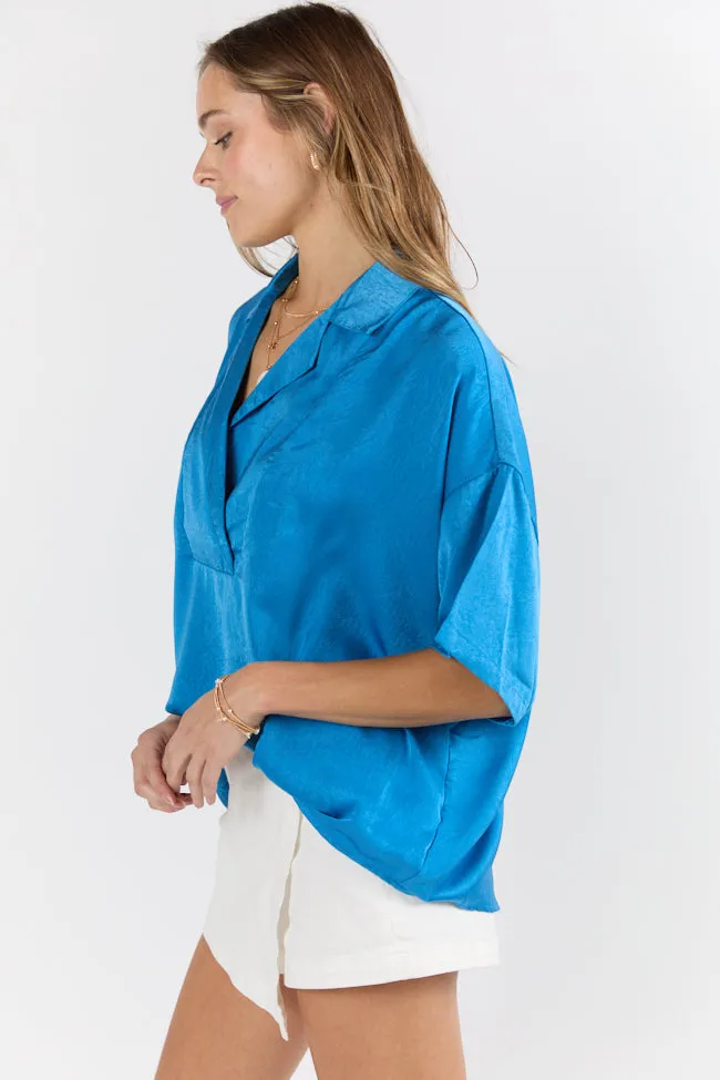 Dramatic Entrance Blue Oversized Satin Collared Blouse FINAL SALE sold by Pink Lily product image thumbnail 3