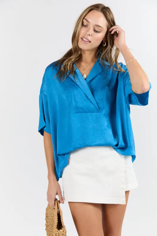 Dramatic Entrance Blue Oversized Satin Collared Blouse SALE sold by Pink Lily