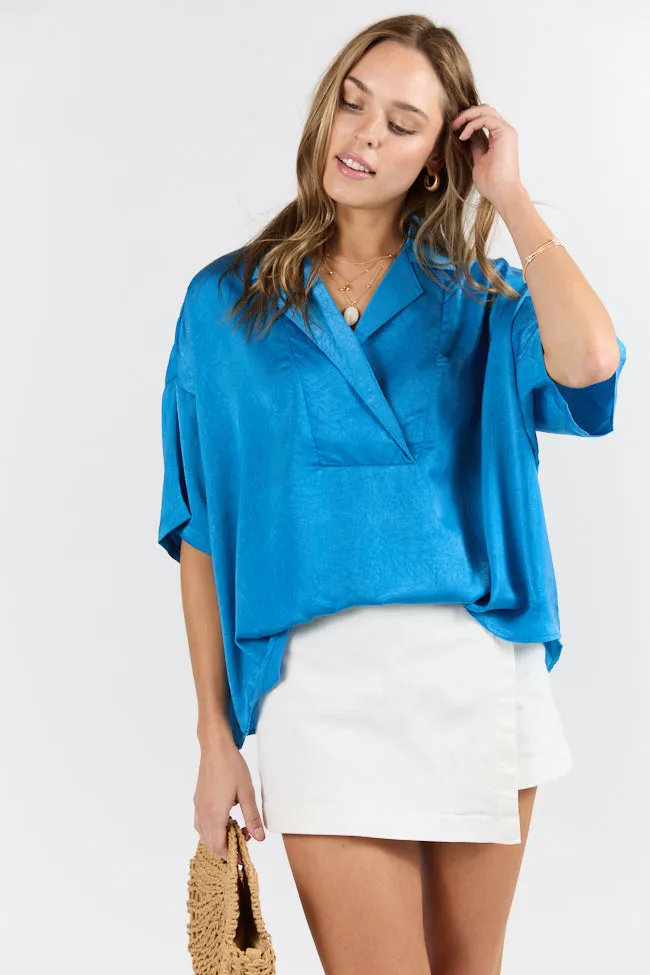 Dramatic Entrance Blue Oversized Satin Collared Blouse FINAL SALE sold by Pink Lily