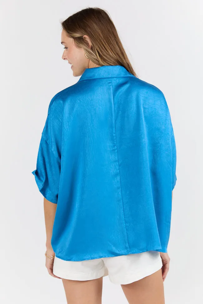 Dramatic Entrance Blue Oversized Satin Collared Blouse FINAL SALE sold by Pink Lily product image thumbnail 4