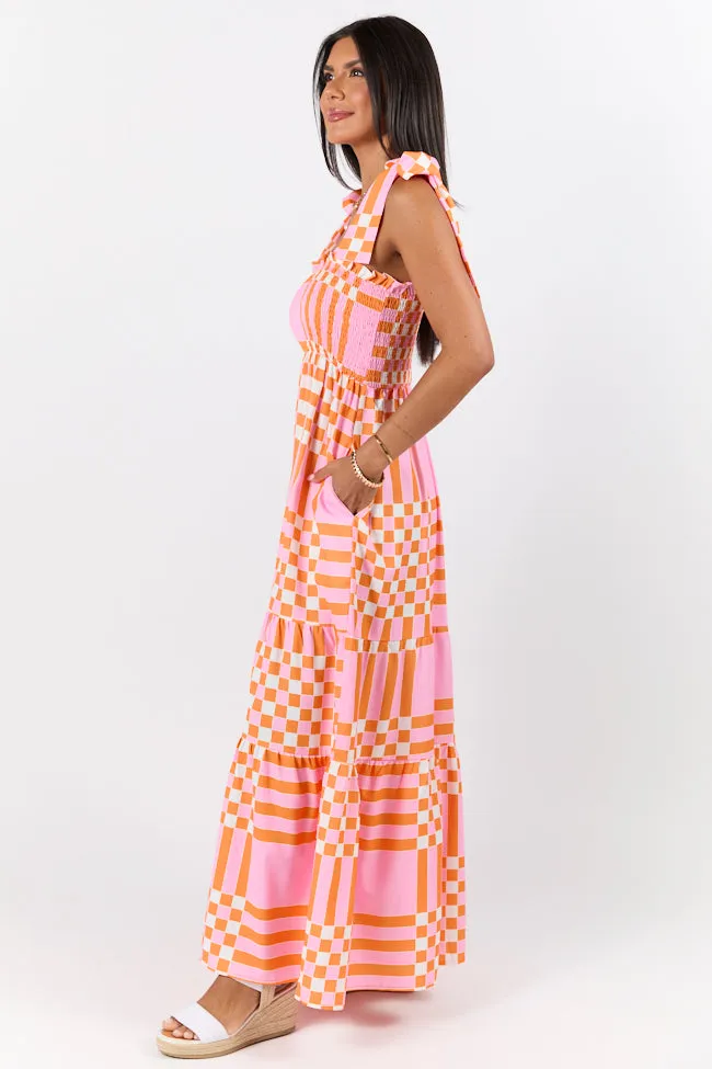 Get The Check Pink and Orange Printed Checkered Midi Dress sold by Pink Lily product image thumbnail 5