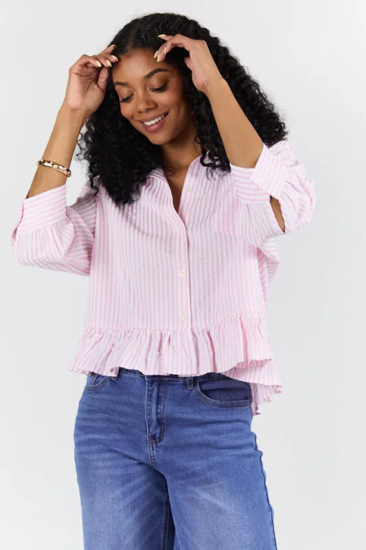 In Depth Pink Ruffle Hem Textured Stripe Button Down Top SALE sold by Pink Lily