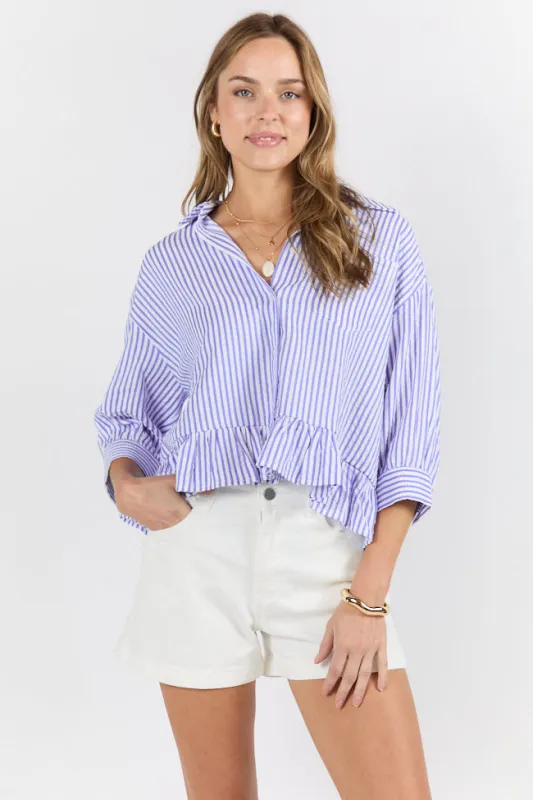 In Depth Blue Ruffle Hem Textured Stripe Button Down Top SALE sold by Pink Lily