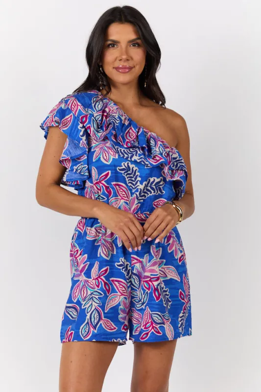 Radiating Beauty Blue Multi One Shoulder Ruffle Romper FINAL SALE sold by Pink Lily