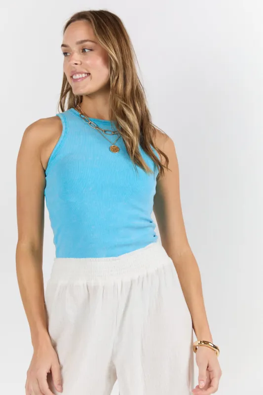 Cool Instincts Blue Acid Washed Rib High Neck Tank FINAL SALE sold by Pink Lily