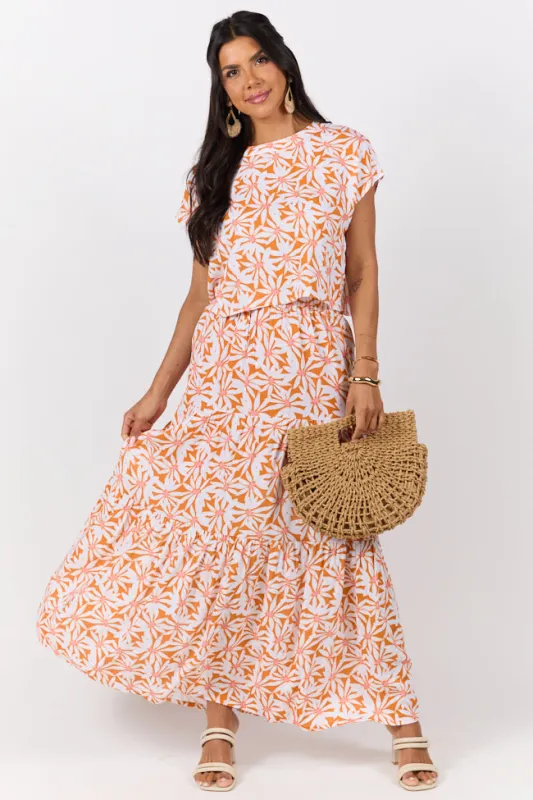 Dinner Downtown Orange Multi Floral Print Two Piece Skirt Set sold by Pink Lily