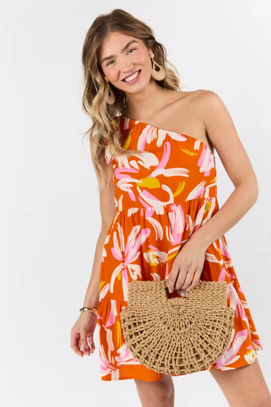 Walking On Sunshine Red Floral Printed One Shoulder Dress sold by Pink Lily