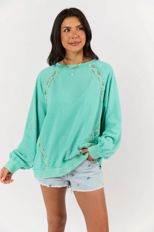 Take It All In Mint Lace Detail Crewneck sold by Pink Lily