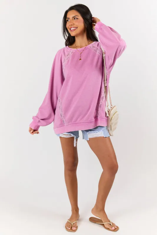 Take It All In Orchid Lace Detail Crewneck sold by Pink Lily