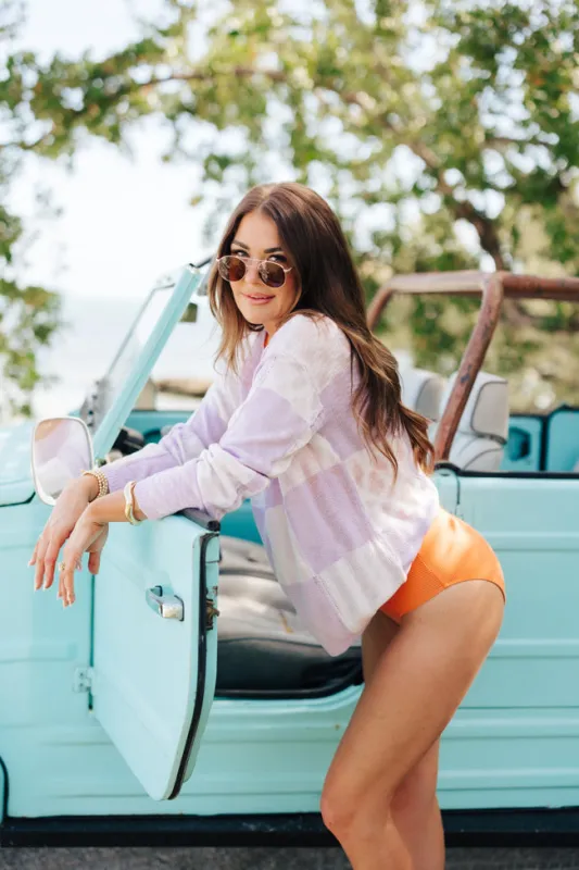 Sunset Key Purple Checkered Sweater Amber Massey X Pink Lily sold by Pink Lily