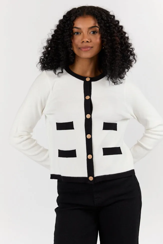 Forever Changing Ivory and Black Contrast Trim Cardigan FINAL SALE sold by Pink Lily