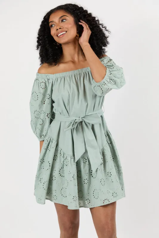Set The Sage Eyelet Off The Shoulder Dress FINAL SALE sold by Pink Lily