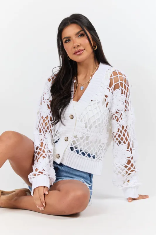 Picking Flowers Ivory Floral Crochet Open Knit Cardigan sold by Pink Lily