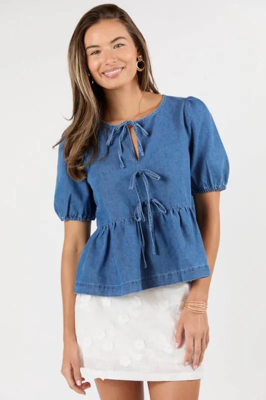 Hit The Backroads Medium Wash Denim Tie Front Short Sleeve Blouse made by Pink Lily